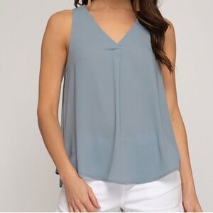 NWT! She and Sky Dusty Blue V-Front Blouse